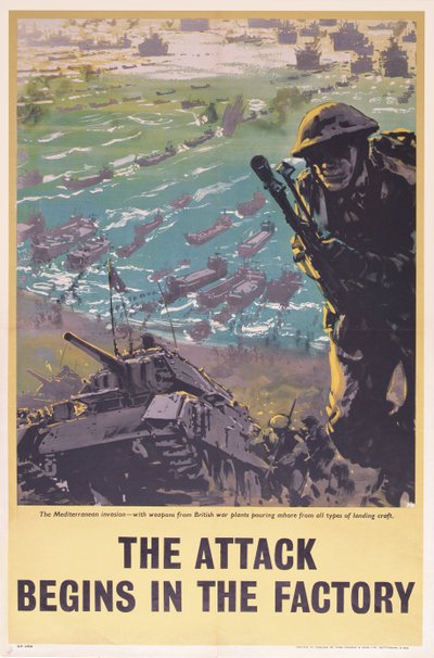 O ataque começa na fábrica, pôster da Segunda Guerra Mundial, 1943 de English School