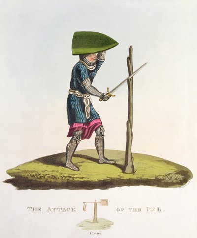 O Ataque do Pel, 1300, gravado por W. Maddocks, da Ancient Armor de Samuel Rush Meyrick, 1824 de English School