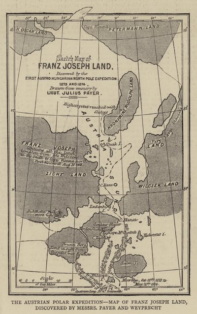 A Expedição Polar Austríaca, Mapa da Terra de Franz Joseph, descoberta por Messers Payer e Weyprecht (gravura) de English School