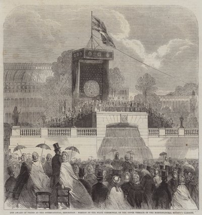 Entrega de Prêmios na Exposição Internacional, Porção do Cerimonial Estadual no Terraço Superior dos Jardins da Sociedade de Horticultura (gravura) de English School