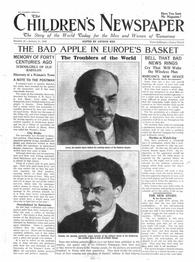 The Bad Apple na Cesta da Europa, primeira página do &39;The Children&39;s Newspaper&39;, de janeiro de 1920 (papel de jornal) de English School