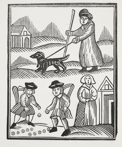 O mendigo que está se encontrando com seu cachorro, traz para casa um bom estoque de riqueza para prog, com o qual ele supera o cavaleiro, e acasala seu filho para seu deleite, ilustração de livros de chapim do décimo oitavo cen de English School