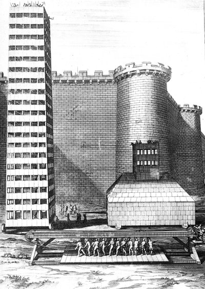 A Torre de Tijolo e Musculus no cerco de Marselha, gravado por Cornelis Huyberts, ilustração de Caesars Comentários traduzidos para o inglês por William Duncan, publicado 1753 de English School