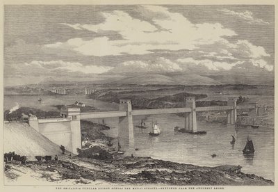 A Ponte Tubular Britannia através do Estreito de Menai (gravura) de English School