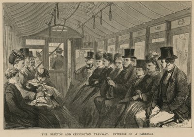 O Brixton e Kennington Tramway - interior de uma carruagem de English School