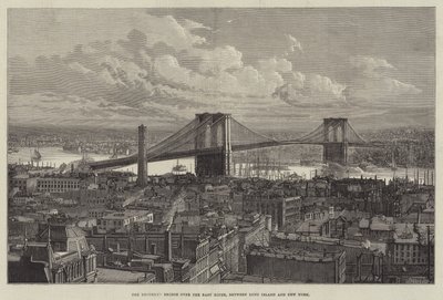 A Ponte do Brooklyn sobre o East River, entre Long Island e Nova Iorque (gravura) de English School