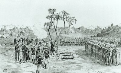O enterro do general Earle e coronéis Eyre e Coveney em Kirbekan, da campanha das cataratas pelo general William Francis Butler, publicado em 1887 de English School