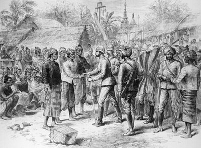 A Expedição de Burmah: Entrevista do General Prendergast com os Oficiais e Remanescentes do Exército Birmanês, de &39;The Illustrated London News&39;, 3 de junho de 1886 (gravura) de English School