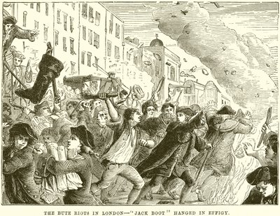 Os motins Bute em Londres - Jack Boot enforcado em Effigy de English School