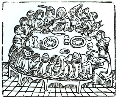 Os peregrinos de Canterbury, sentados para uma refeição compartilhada, ilustração de "Canterbury Tales", de Geoffrey Chaucer (c.1345-1400), impressa por Wynkyn de Worde, c.1485 de English School