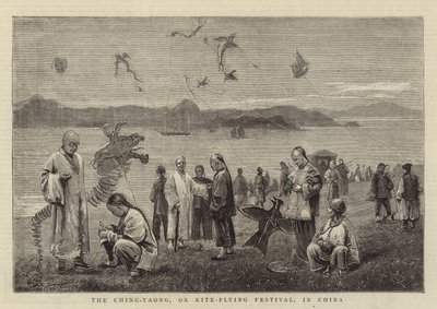 O Festival Ching-Yaong, ou Kite-Flying Festival, na China (gravura) de English School