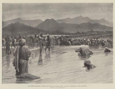 A Expedição Chitral, fording the Swat River, olhando para Norte; Vila de Chatedarra ao Fundo (litho) de English School