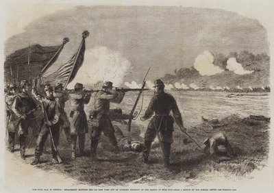 A Guerra Civil na América, noivado entre a 71ª Nova Iorque e um Regimento do Alabama na Batalha de Bull Run (gravura) de English School