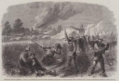A Guerra Civil na América, Luta em Hainsville, no Upper Potomac, Avanço dos Homens de Wisconsin (Federalistas) na Posição Secessionista (gravura) de English School