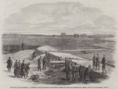 A Guerra Civil na América, uma Porção das Obras e Acampamentos Confederados Abandonados em Centreville (gravura) de English School