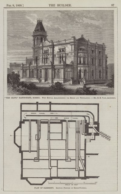"The Cliff", Eastbourne, Sussex, com Arranjos Especiais para Fumo e Ventilação, Sr. H H H Vale, Arquitecto (gravura) de English School