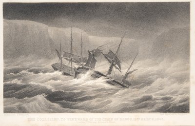A Colisão, de Voyage of Discovery and Research in the Southern and Antarctic Regions do Capitão Sir James Clark Ross, pub. 1847 (gravura) de English School