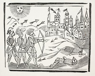 A conquista da França com a vida e ações gloriosas de Edward, o Príncipe Negro, ilustração de Chap-livros do século XVIII por John Ashton, pub. 1882 de English School
