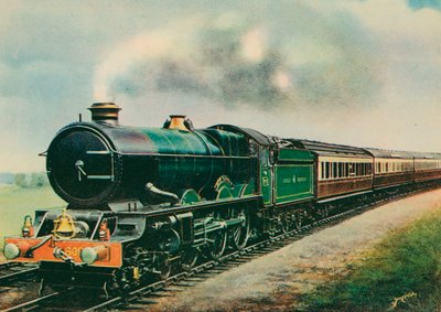 O "Cornish Riviera Express", transportado pelo "King George V", Great Western Railway (lito colorido) de English School