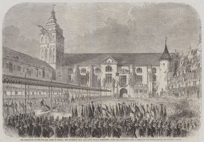 A Coroação do Rei e Rainha da Prússia, a Procissão da Igreja do Castelo, Konigsberg, após a Coroação (gravura) de English School