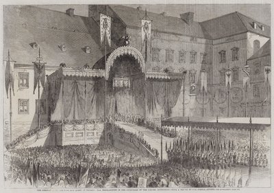 A Coroação do Rei e Rainha da Prússia, a Proclamação no Pátio do Schloss, Konigsberg (gravura) de English School