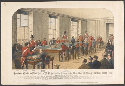 A Corte Marcial de Lieut. Perry do 46º Regimento de H. Majestys, no Refeitório do Quartel de Windsor, agosto de 1854 (cor litho) de English School