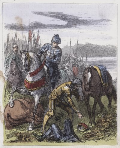 A Coroa de Ricardo III, encontrada no Campo Bosworth (gravura colorida) de English School