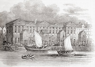 The Custom House, Londres, Inglaterra, tal como apareceu antes do Grande Fogo, da Velha Inglaterra: Um Museu Pictórico, pub. 1847 de English School