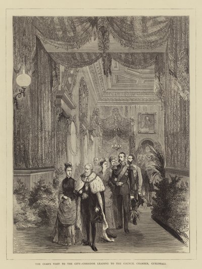 A Visita do Czar à Cidade, Corredor que conduz à Câmara Municipal, Guildhall (gravura) de English School