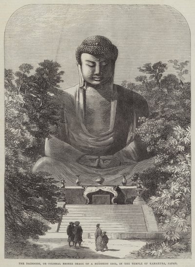O Daiboodh, ou Imagem de Bronze Colossal de um Ídolo Budista, no Templo de Kamakura, Japão (gravura) de English School