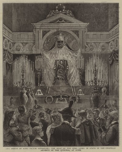 A morte do rei Victor Emmanuel, o corpo do rei em estado na Chapelle Ardente do Quirinal, em Roma de English School