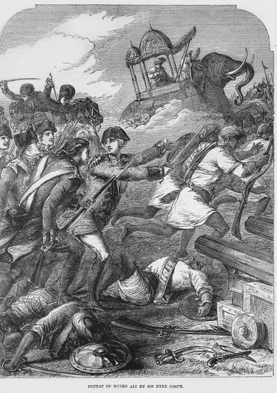 A derrota de Hyder Ali (1722-82) por Sir Eyre Coote (1726-83) em 1781 (gravura) (foto bundw) de English School