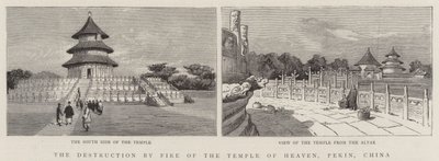A Destruição pelo Fogo do Templo do Céu, Pequim, China (gravura) de English School