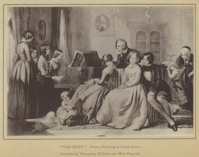 The Duet, de uma Pintura de Frank Stone, apresentando Tennyson, Dickens e Miss Hogarth (litho) de English School
