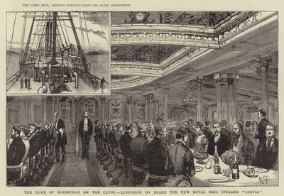 O Duque de Edimburgo no Clyde, Almoço a bordo do Novo Royal Mail Steamer "Servia" (gravura) de English School