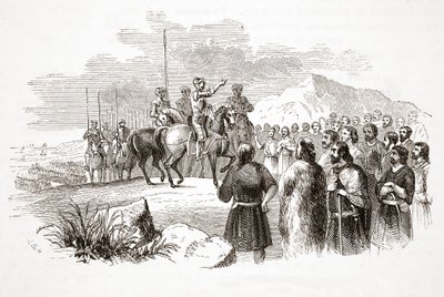 O conde de Richmond que endereça os caciques galeses em Milford Haven, bar. Século XIX (gravura em aço) de English School