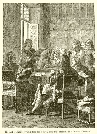 O Conde de Shrewsbury e outros nobres despachando suas propostas para o Príncipe de Orange de English School