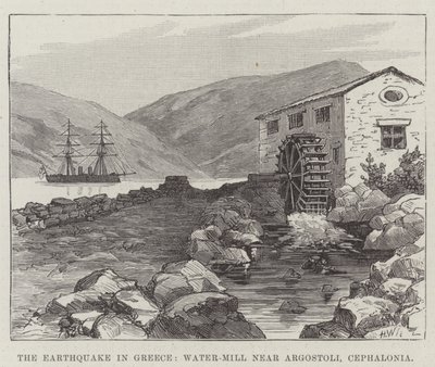 O terramoto na Grécia, Moinho de água perto de Argostoli, Cefalónia (gravura) de English School