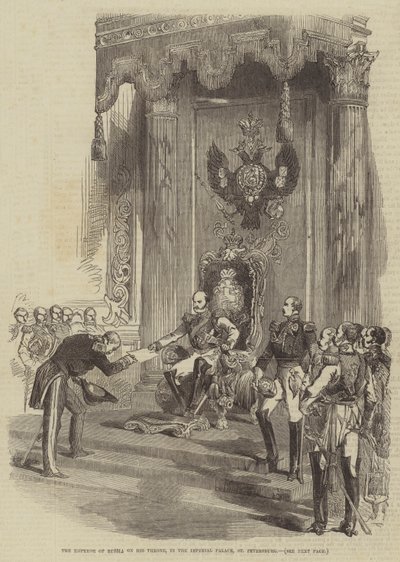 O Imperador da Rússia em seu Trono, no Palácio Imperial, São Petersburgo (gravura) de English School
