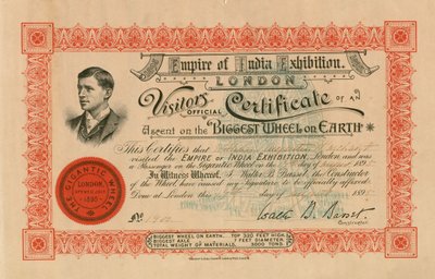 A Exposição do Império da Índia, Londres, certificado de visitantes oficiais de uma subida na Maior Roda da Terra; a grande roda, Earls Court de English School