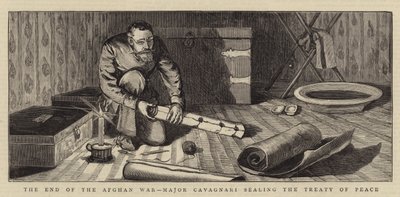 O Fim da Guerra do Afeganistão, Major Cavagnari selando o Tratado de Paz (gravura) de English School