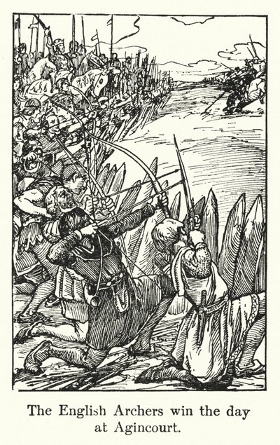 Os arqueiros ingleses ganham o dia em Agincourt (litho) de English School