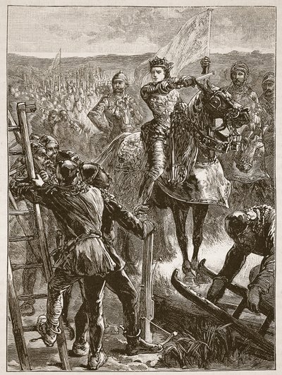Os ingleses antes de Harfleur, ilustração de História ilustrada de Cassells da Inglaterra (foto sépia) de English School