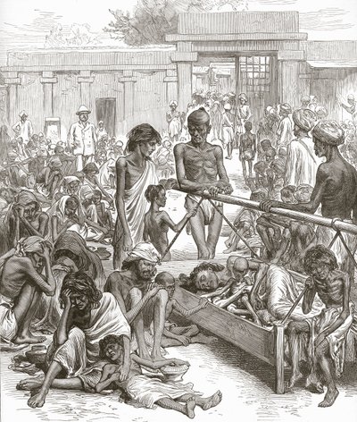 A Fome na Índia: Nativos Esperando Socorro em Bangalore, outubro de 1877. de English School