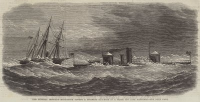 A Federal Ironclad Monadnock rebocando um barco de armas de fogo para deficientes em uma tempestade ao largo do Cabo Hatteras (gravura) de English School