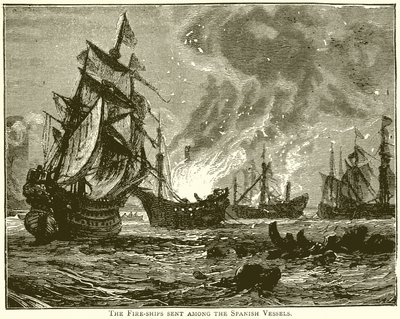 O navio de fogo enviado entre os navios espanhóis de English School