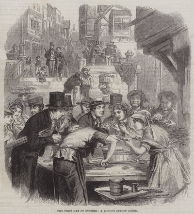 The First Day of Oysters, a London Street Scene (gravura) de English School