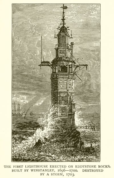 O primeiro farol erigido nas rochas de Eddystone. Construído por Winstanley, 1696--1700, destruído por uma tempestade, 1703 de English School