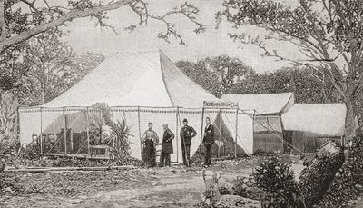 A Primeira Igreja Presbiteriana, Miami, Flórida, Estados Unidos da América, no final do século XIX. A igreja, fundada pelo Reverendo Henry Keigwin em 1896, teve início num restaurante de tábua dura antes dos cultos se mudarem para uma tenda. De The Strand  de English School