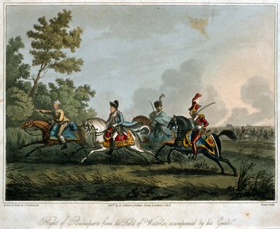 O vôo de Bonaparte (1769-1821) do campo de Waterloo em 1815, 1817 (aquatint) de English School
